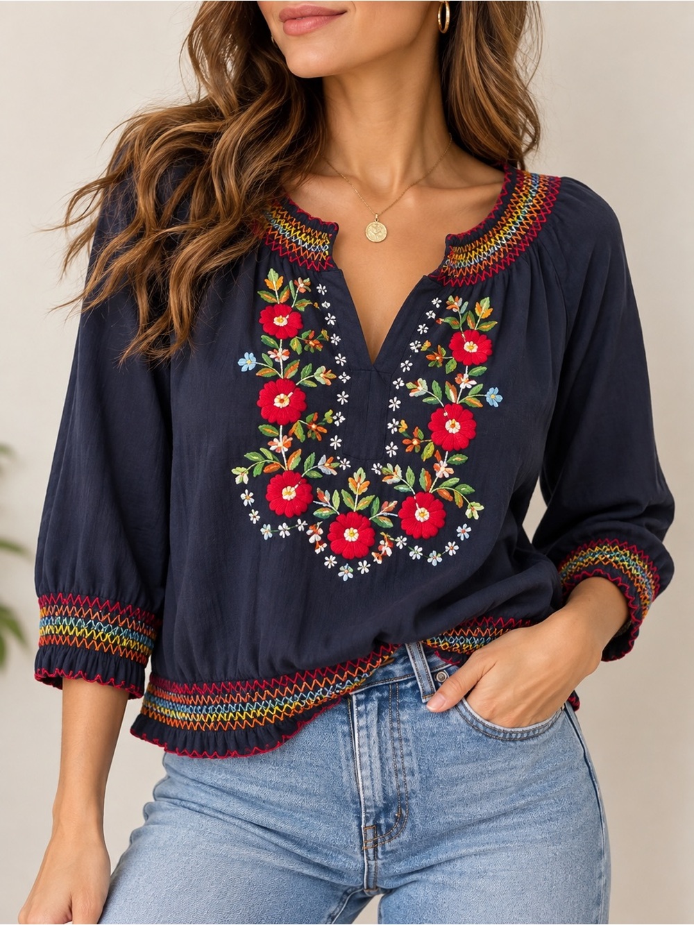 Vintage Y2K Stamp 10 Embroidered Boho Peasant Blouse Top Size 6
